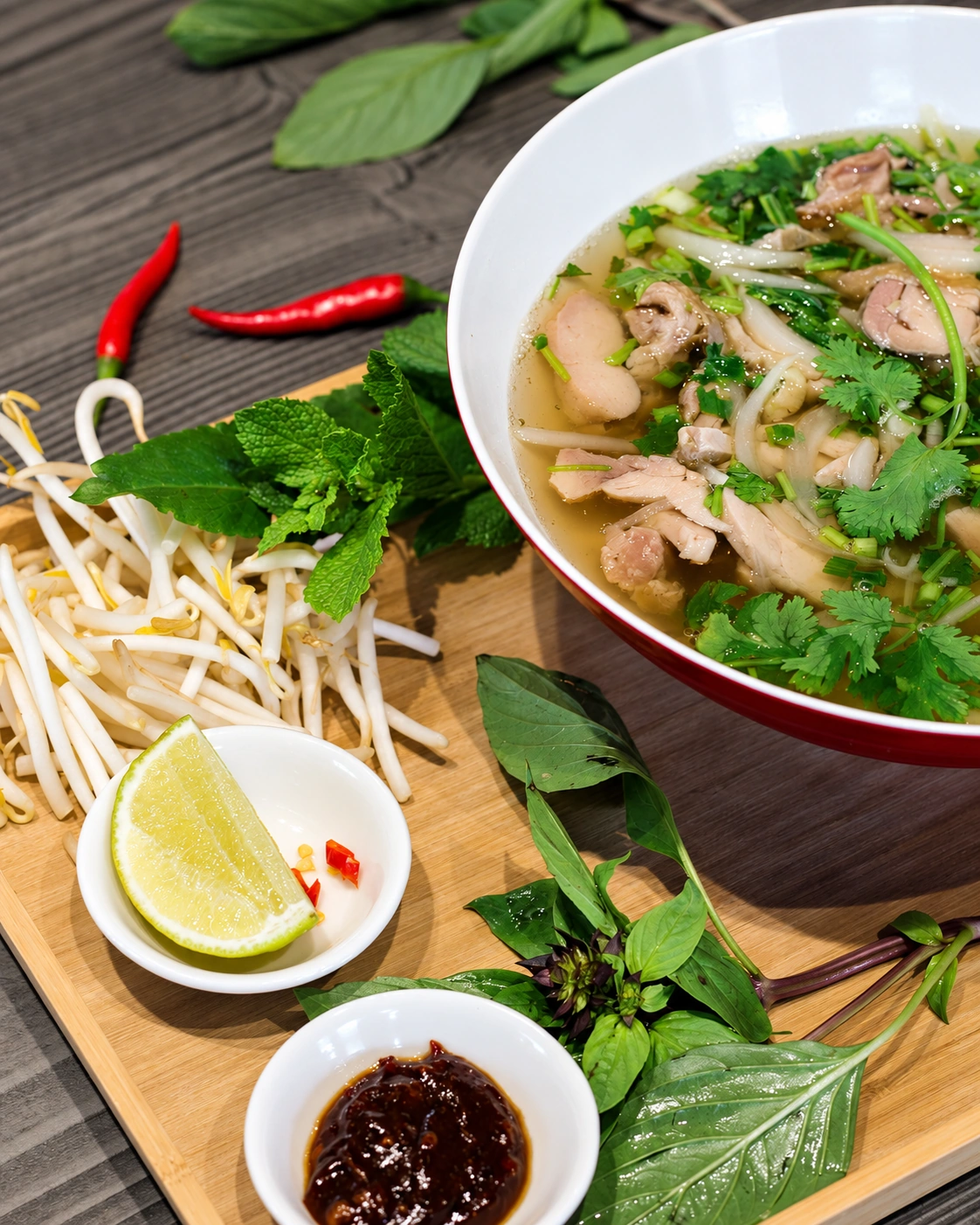 Phở du restaurant, servi avec citron vert, pousses de soja et herbes fraîches
